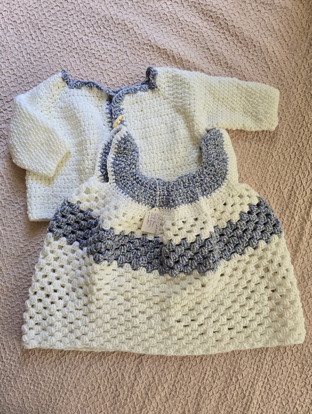 NEW Handmade Baby Girl White & Blue Crochet Dress with Matching Cardigan 12-24M